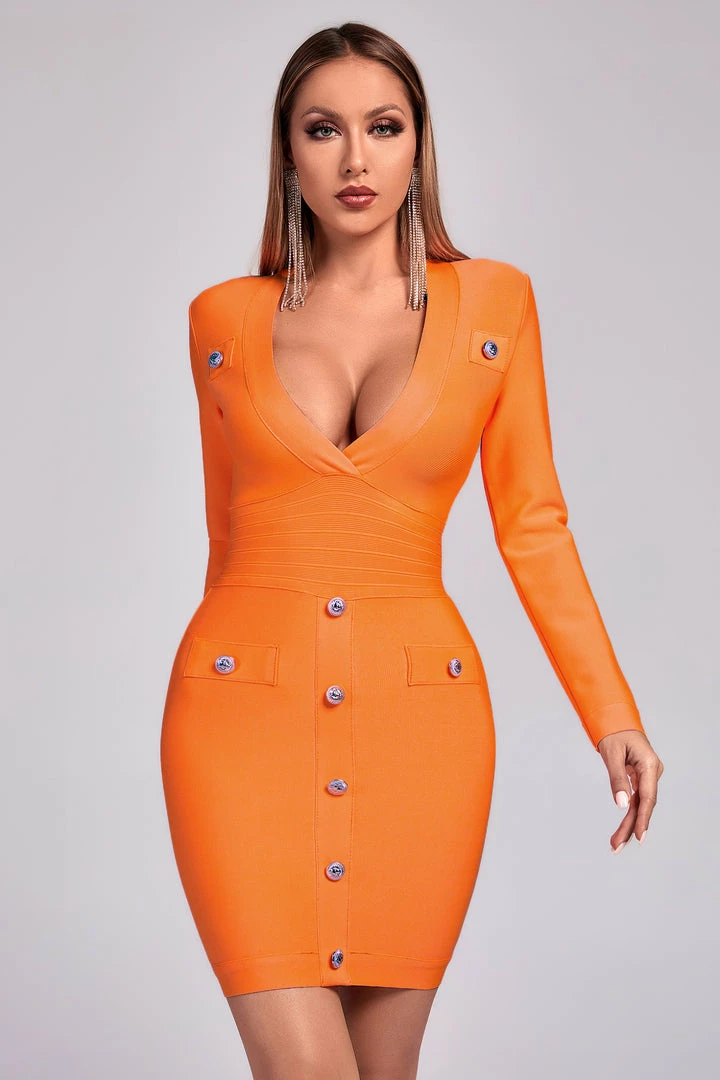 Bellabarnett Aylin V-neck Long Sleeve Cocktail Dress - Orange CLOTHING