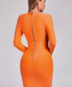 Bellabarnett Aylin V-neck Long Sleeve Cocktail Dress - Orange CLOTHING