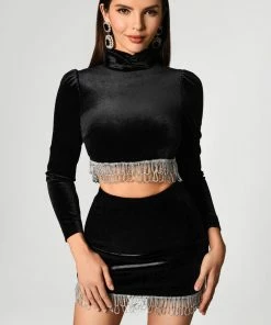 Bellabarnett Black Velvet Diamante Fringe Set