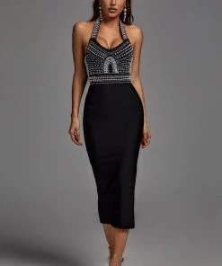 Bellabarnett Cornelia Pearl Halter Bandage Dress - Black