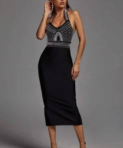 Bellabarnett Cornelia Pearl Halter Bandage Dress - Black