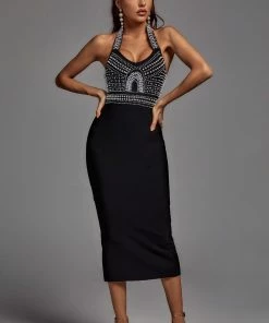 Bellabarnett Cornelia Pearl Halter Bandage Dress - Black