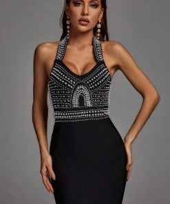 Bellabarnett Cornelia Pearl Halter Bandage Dress - Black