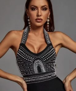 Bellabarnett Cornelia Pearl Halter Bandage Dress - Black