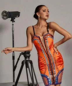 Bellabarnett Violet Orange Embellished Bandage Dress