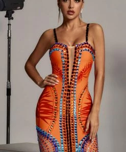 Bellabarnett Violet Orange Embellished Bandage Dress