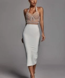 Bellabarnett Cornelia Pearl Halter Bandage Dress - Beige