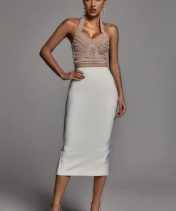 Bellabarnett Cornelia Pearl Halter Bandage Dress - Beige