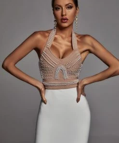 Bellabarnett Cornelia Pearl Halter Bandage Dress - Beige