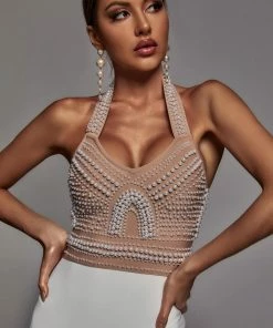 Bellabarnett Cornelia Pearl Halter Bandage Dress - Beige