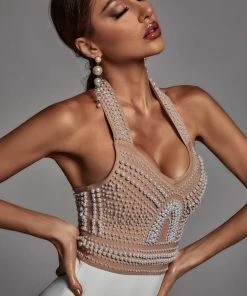 Bellabarnett Cornelia Pearl Halter Bandage Dress - Beige