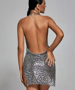 Bellabarnett CLOTHING Brett Diamante Mesh Mini Dress - Leopard