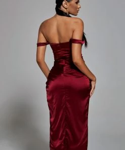 Bellabarnett Fantasia Off Shoulder Dress In Wine CLOTHING