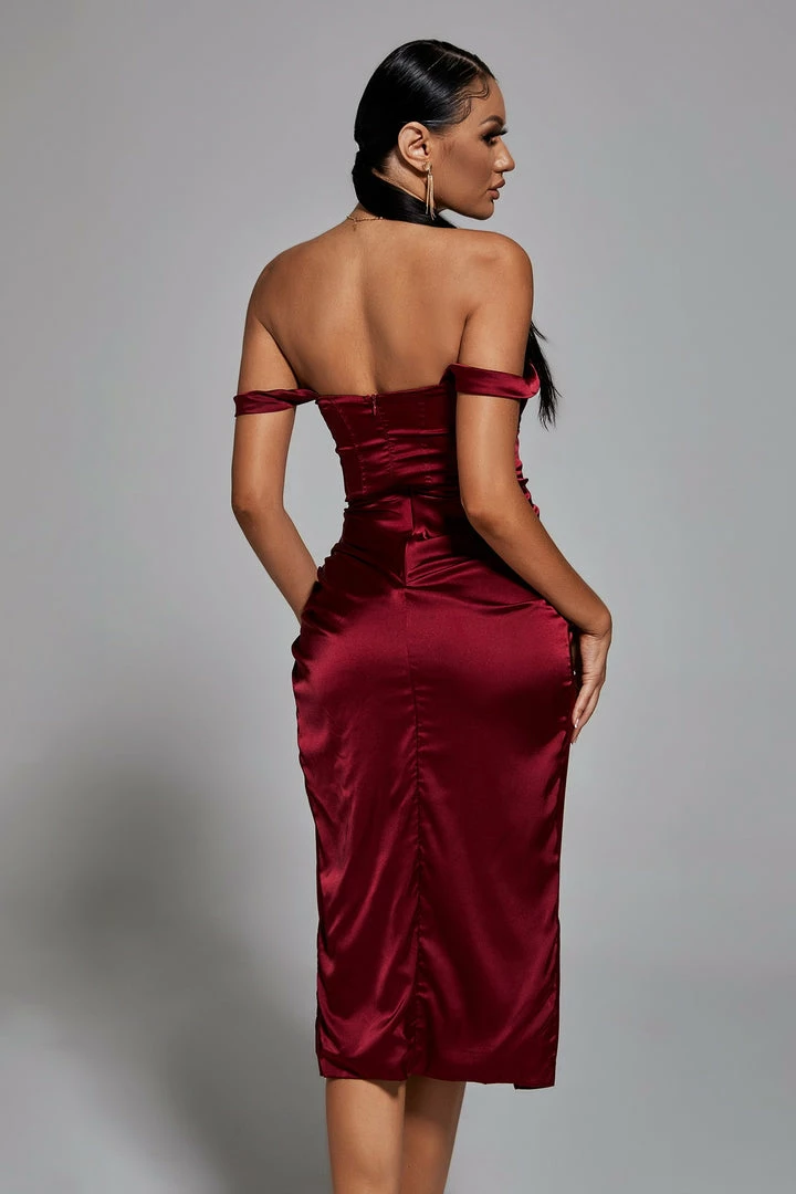 Bellabarnett Fantasia Off Shoulder Dress In Wine CLOTHING