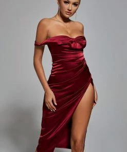 Bellabarnett Fantasia Off Shoulder Dress In Wine CLOTHING