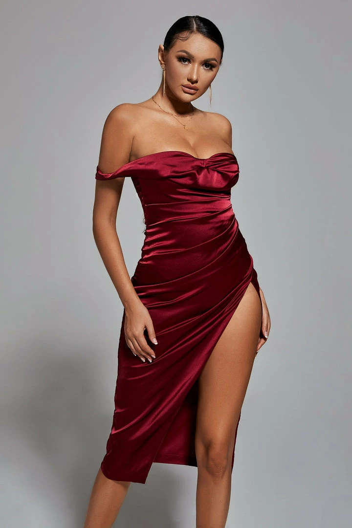 Bellabarnett Fantasia Off Shoulder Dress In Wine CLOTHING