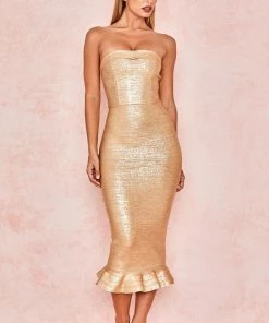 Bellabarnett Wedding Guest Flze Gold Metallic Midi Bandage Dress