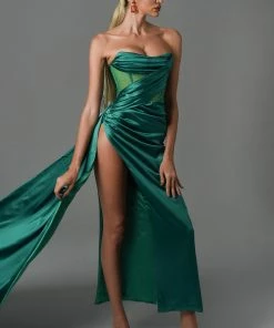 Bellabarnett Haliya Crystallized Corset High Slit Gown - Green