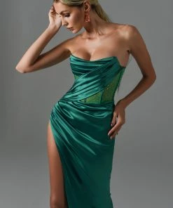 Bellabarnett Haliya Crystallized Corset High Slit Gown - Green