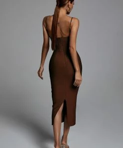 Bellabarnett Hollow Bandage Dress - Brown CLOTHING