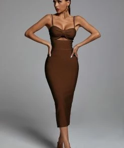 Bellabarnett Hollow Bandage Dress - Brown CLOTHING