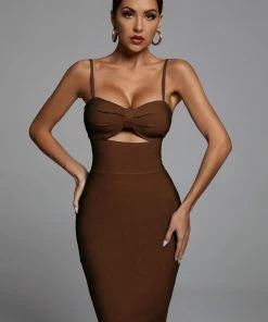 Bellabarnett Hollow Bandage Dress - Brown CLOTHING
