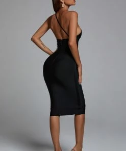 Bellabarnett CLOTHING Janan One Shoulder Midi Cocktail Dress - Black