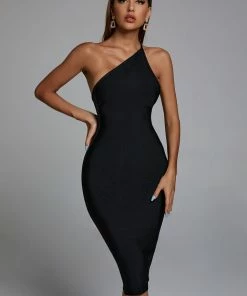 Bellabarnett CLOTHING Janan One Shoulder Midi Cocktail Dress - Black