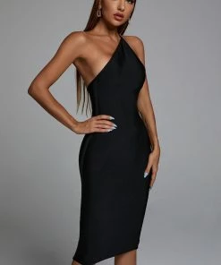 Bellabarnett CLOTHING Janan One Shoulder Midi Cocktail Dress - Black