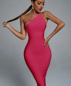 Bellabarnett CLOTHING Janan One Shoulder Midi Cocktail Dress - Hot Pink
