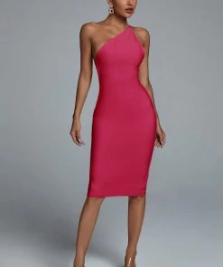 Bellabarnett CLOTHING Janan One Shoulder Midi Cocktail Dress - Hot Pink