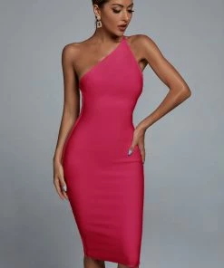 Bellabarnett CLOTHING Janan One Shoulder Midi Cocktail Dress - Hot Pink