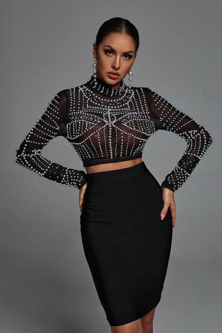 Bellabarnett Kiana Pearl Long Sleeve Set - Black CLOTHING