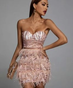 Bellabarnett CLOTHING Lalia Pink Sequin Feather Mini Dress