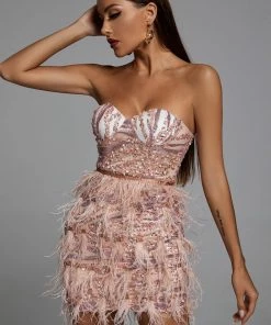 Bellabarnett CLOTHING Lalia Pink Sequin Feather Mini Dress