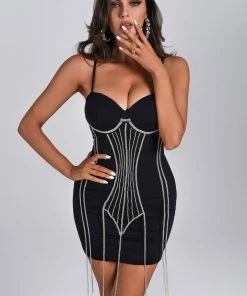 Bellabarnett Lina Crytal Embellished Black Bodycon Mini Dress CLOTHING