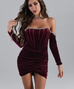 Bellabarnett Maeva Long Sleeve Cystal Trim Corset Dress - Wine CLOTHING