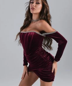 Bellabarnett Maeva Long Sleeve Cystal Trim Corset Dress - Wine CLOTHING