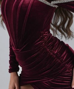 Bellabarnett Maeva Long Sleeve Cystal Trim Corset Dress - Wine CLOTHING