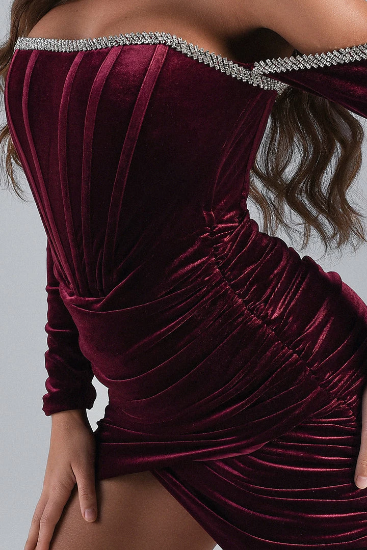 Bellabarnett Maeva Long Sleeve Cystal Trim Corset Dress - Wine CLOTHING