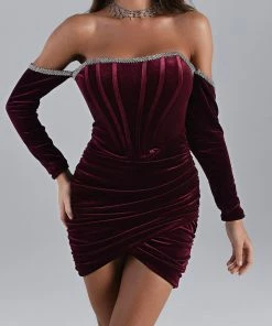 Bellabarnett Maeva Long Sleeve Cystal Trim Corset Dress - Wine CLOTHING