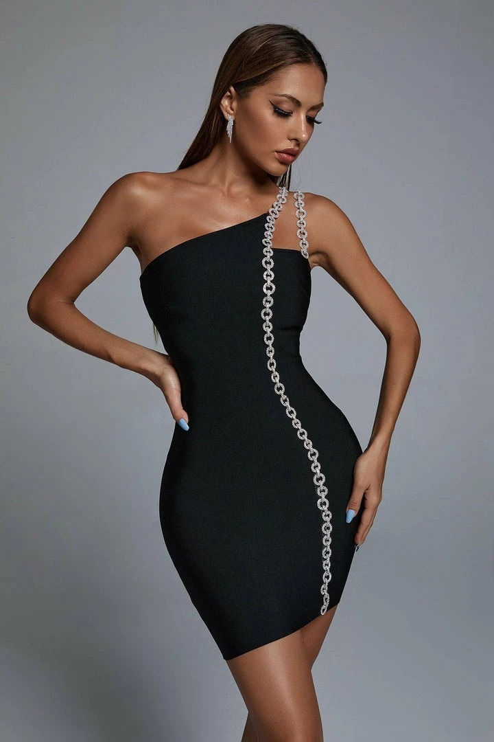 Bellabarnett Mimia One Shoulder Chain Mini Cocktail Dress CLOTHING