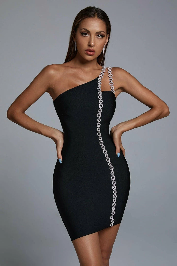 Bellabarnett Mimia One Shoulder Chain Mini Cocktail Dress CLOTHING