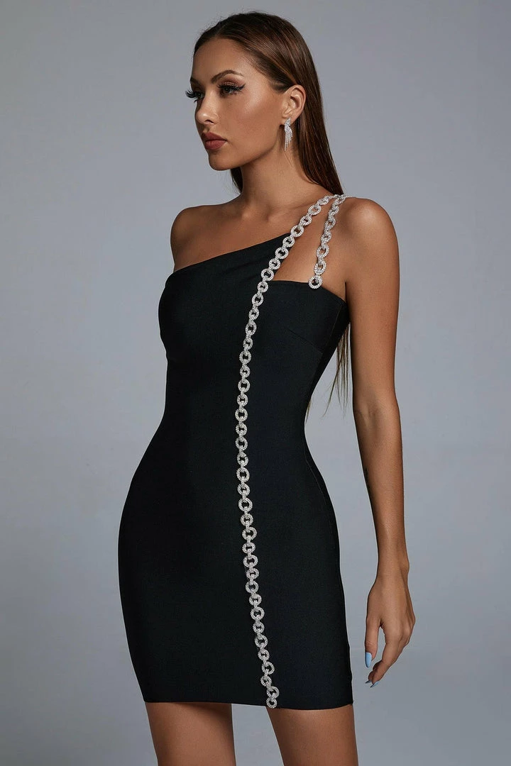 Bellabarnett Mimia One Shoulder Chain Mini Cocktail Dress CLOTHING