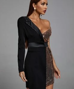 Bellabarnett Natalia One Shoulder Sequin Blazer Dress - Gold
