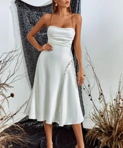 Bellabarnett CLOTHING Rosey Satin Backless Slit Midi Dress