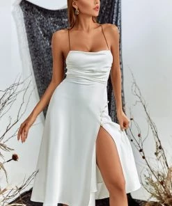 Bellabarnett CLOTHING Rosey Satin Backless Slit Midi Dress