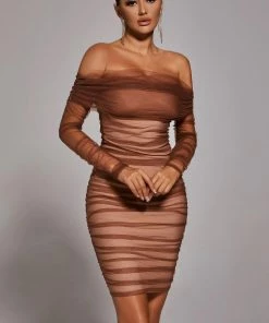 Bellabarnett Rowena Ruched Mesh Bandage Midi Dress