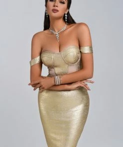 Bellabarnett Sakari Off Shoulder Metallic Cocktail Dress - Gold CLOTHING