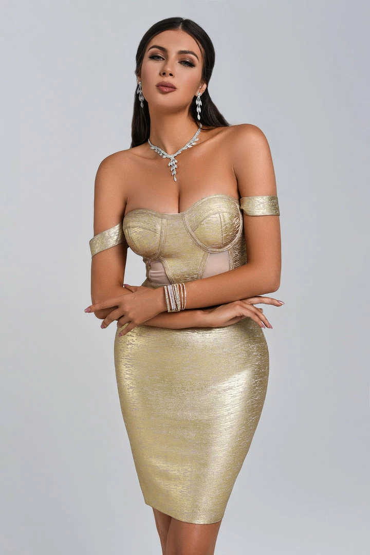 Bellabarnett Sakari Off Shoulder Metallic Cocktail Dress - Gold CLOTHING